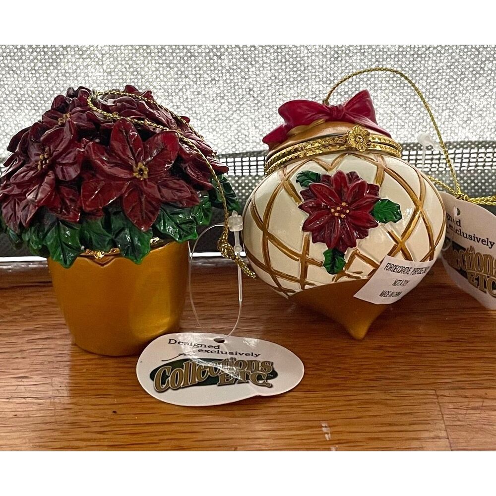 Vintage Collections Etc Christmas Poinsettia Hinged Trinket Box Ornaments Set 2